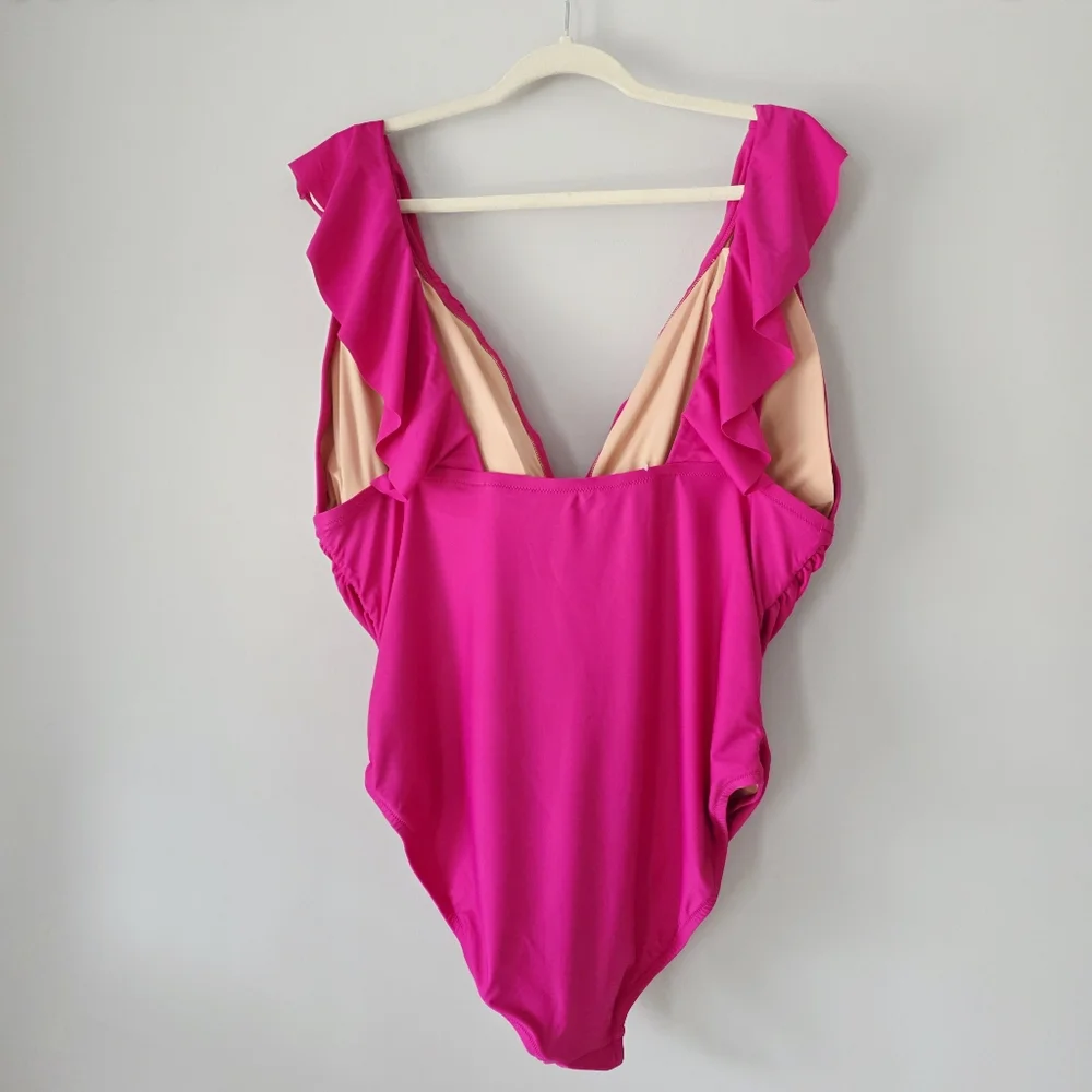 NWT J.Crew Ruched Ruffle One-Piece Swimsuit Radiant Fuchsia Size Plus 22